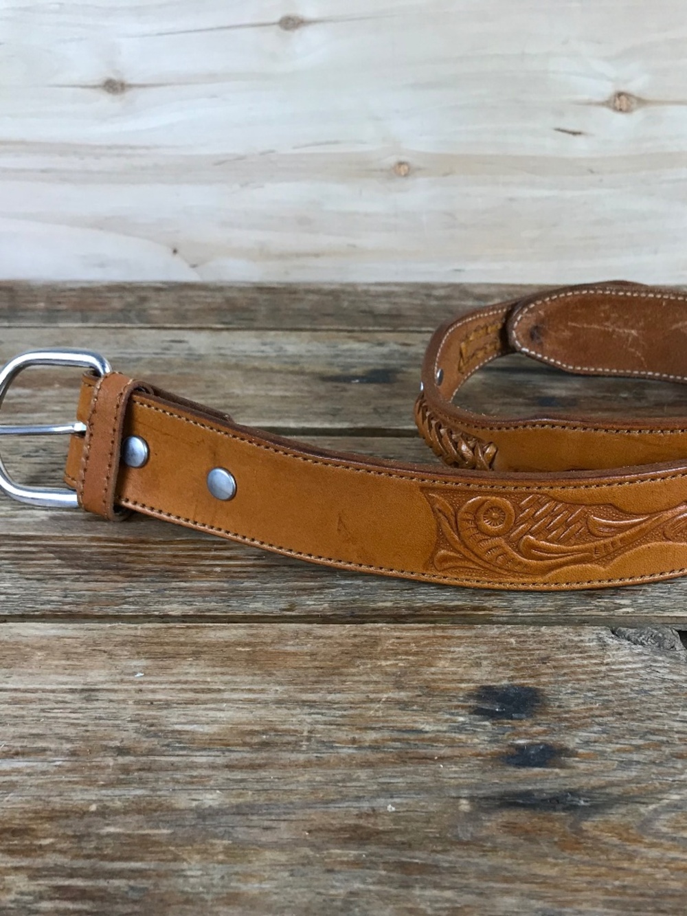 Hand Tooled Western Leather Belt Size 30 Mexico Silver Toned Concho Palacios